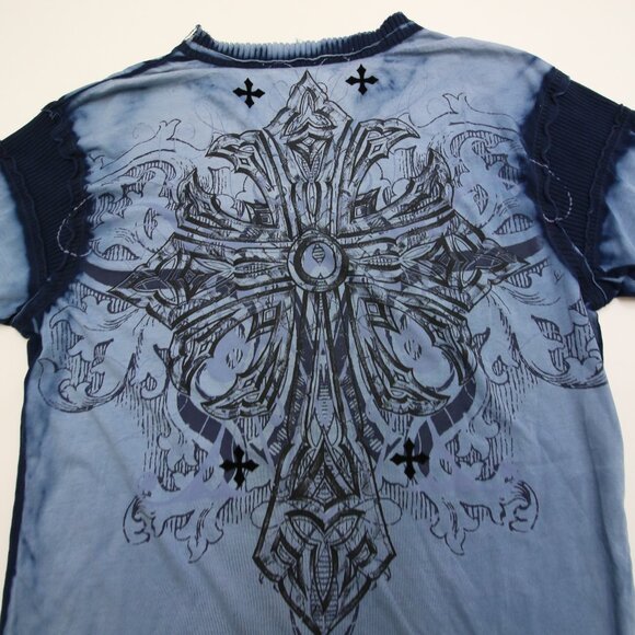 Affliction T-Shirt XL Blue Dye V Neck Ribbed Felt Detail Cross Cyber Goth Grunge - Picture 13 of 16